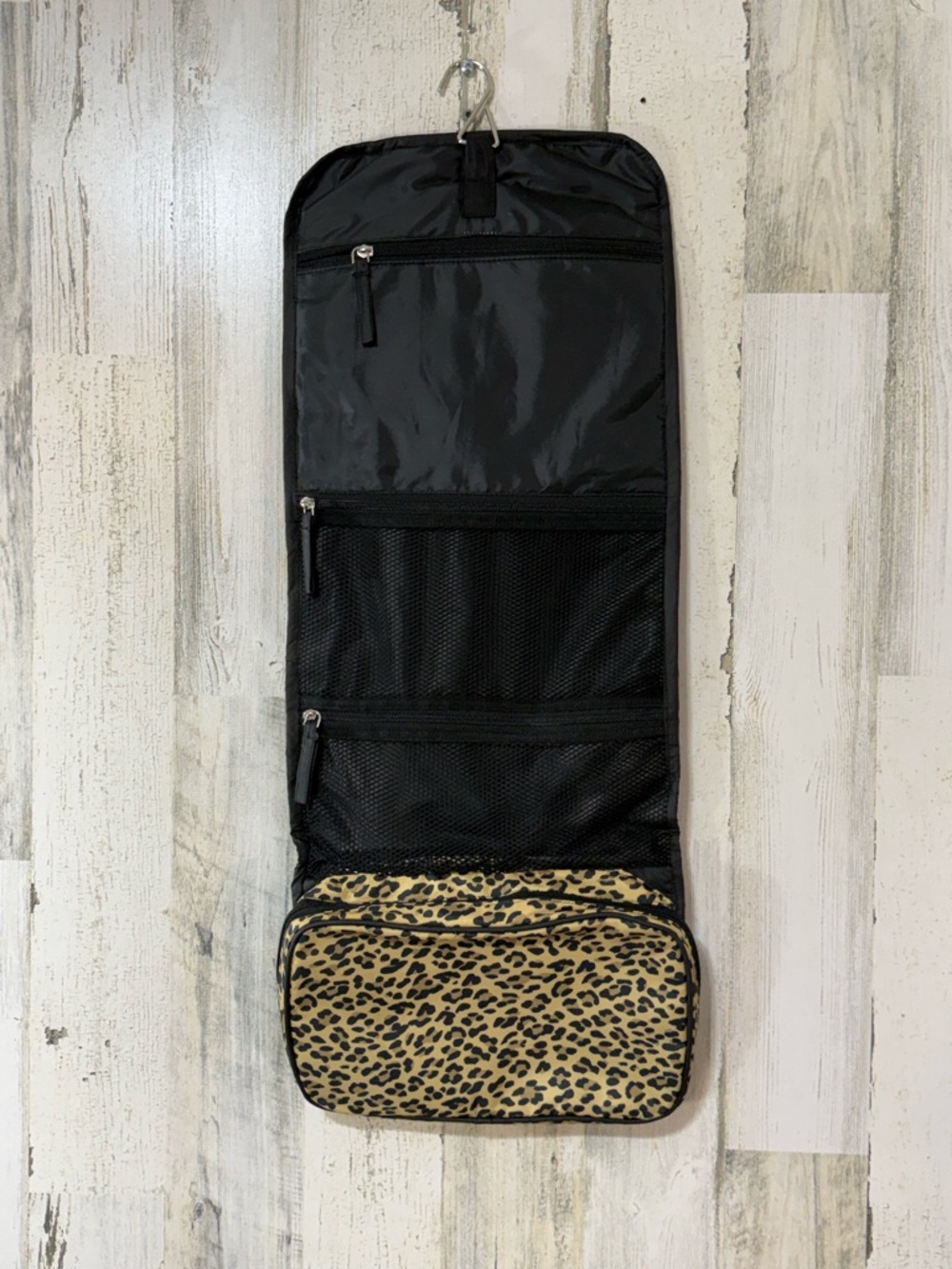 RACHEL Rachel Roy Leopard Print Black Hanging Toiletry Travel Bag